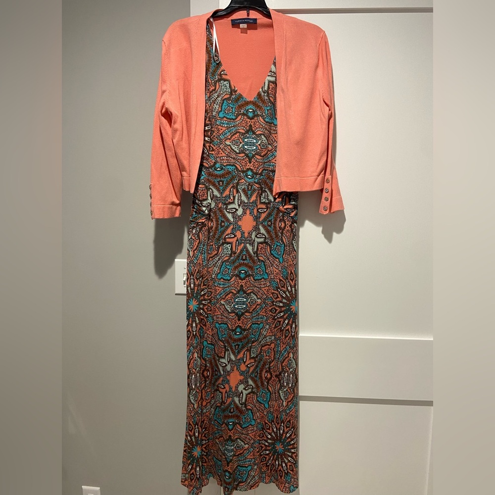 Multicolor Maxi Dress with Coral Cardigan